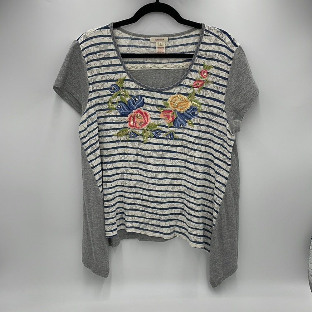 Sundance Embroidered Floral Lace Cotton T-Shirt Size L